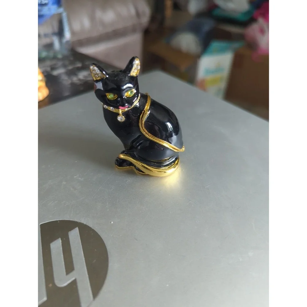 Black Cat Trinket Box Hinged Jeweled Collar Enameled  Heavy - Black Pink